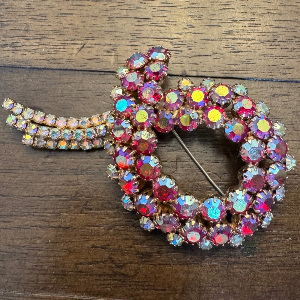 Juliana Brooch Women Pink Red Aurora Borealis Rhinestone Wreath Tiered Vintage